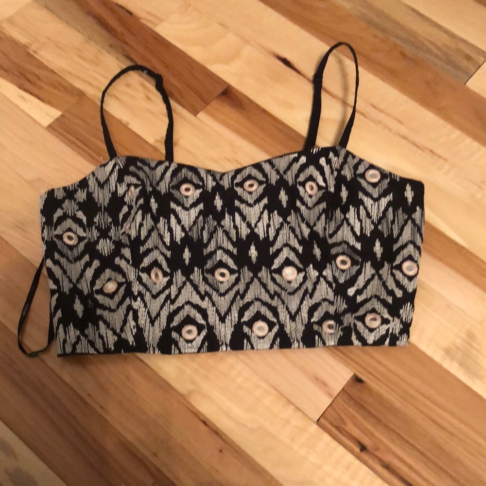 Black embroidered mirror crop top